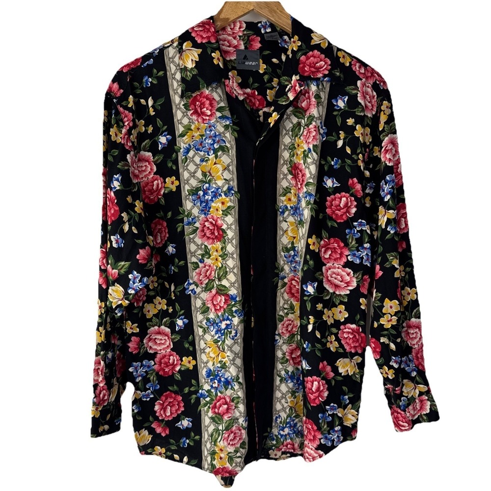 Lizwear Button Down Shirt Women M Black Floral Vintage Rayon Long Sleeve Blouse